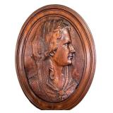 DR - Antique Clara Louise Kellogg Bas Relief in Carved Wooden Medallion- Signed Miollet