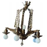 G - Chandelier - Vintage Art Deco Hanging Ceiling Light, 6-Bulb Brass Fixture