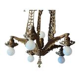 G - Chandelier - Vintage Art Deco Hanging Ceiling Light, 6-Bulb Brass Fixture