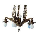 G - Chandelier - Vintage Art Deco Hanging Ceiling Light, 6-Bulb Brass Fixture