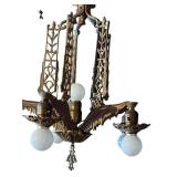 G - Chandelier - Vintage Art Deco Hanging Ceiling Light, 6-Bulb Brass Fixture
