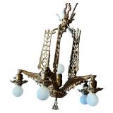 G - Chandelier - Vintage Art Deco Hanging Ceiling Light, 6-Bulb Brass Fixture