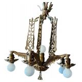 G - Chandelier - Vintage Art Deco Hanging Ceiling Light, 6-Bulb Brass Fixture