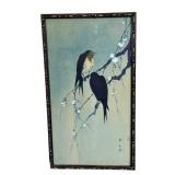 Vintage Asian Bird Print in Ornate Frame - Two Black Birds on Branches