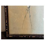 Vintage Asian Bird Print in Ornate Frame - Two Black Birds on Branches