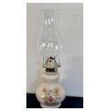DR - Vintage Milk-Glass Oil Lamp with Floral Gold-Accent Pattern
