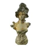 DR - Antique Art Nouveau Spelter Bust - European Damsel, Old-World Charm