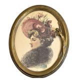 Art Nouveau Brass Oval Mirror with Vintage Portrait Print - Frame