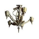 G - 1920s Art Deco 5-Light Ceiling Fixture - Gold-Tone Chandelier