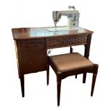Singer Vintage Sewing Machine in Wood Desk Cabinet with Stool (AS369302)