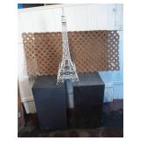 Pair of metal plant stands, metal Eifel tower statue, and 2 plastic lattice pieces