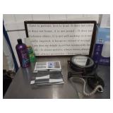 Misc lot of bathroom supplies/haircare & sign
