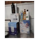 Misc lot of bathroom supplies/haircare & sign