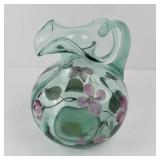 Fenton Handpainted Green Glass Pitcher - Pink Floral Motif
