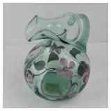 Fenton Handpainted Green Glass Pitcher - Pink Floral Motif