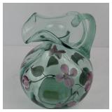 Fenton Handpainted Green Glass Pitcher - Pink Floral Motif