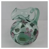 Fenton Handpainted Green Glass Pitcher - Pink Floral Motif