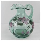 Fenton Handpainted Green Glass Pitcher - Pink Floral Motif