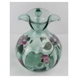 Fenton Handpainted Green Glass Pitcher - Pink Floral Motif