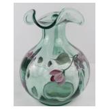 Fenton Handpainted Green Glass Pitcher - Pink Floral Motif