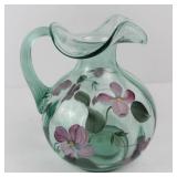 Fenton Handpainted Green Glass Pitcher - Pink Floral Motif