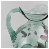 Fenton Handpainted Green Glass Pitcher - Pink Floral Motif
