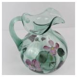 Fenton Handpainted Green Glass Pitcher - Pink Floral Motif