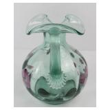 Fenton Handpainted Green Glass Pitcher - Pink Floral Motif