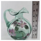 Fenton Handpainted Green Glass Pitcher - Pink Floral Motif