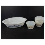 Glasbake #235 1 Qt Oval Casserole Dish w Blue Floral & Dynaware Pyr-O-Rey Milk Glass Custard Cups (Lot of 4)
