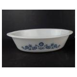 Glasbake #235 1 Qt Oval Casserole Dish w Blue Floral & Dynaware Pyr-O-Rey Milk Glass Custard Cups (Lot of 4)