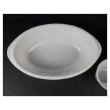 Glasbake #235 1 Qt Oval Casserole Dish w Blue Floral & Dynaware Pyr-O-Rey Milk Glass Custard Cups (Lot of 4)