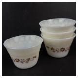 Glasbake #235 1 Qt Oval Casserole Dish w Blue Floral & Dynaware Pyr-O-Rey Milk Glass Custard Cups (Lot of 4)