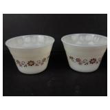 Glasbake #235 1 Qt Oval Casserole Dish w Blue Floral & Dynaware Pyr-O-Rey Milk Glass Custard Cups (Lot of 4)