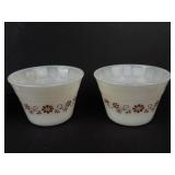 Glasbake #235 1 Qt Oval Casserole Dish w Blue Floral & Dynaware Pyr-O-Rey Milk Glass Custard Cups (Lot of 4)