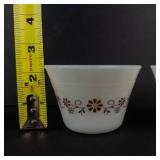 Glasbake #235 1 Qt Oval Casserole Dish w Blue Floral & Dynaware Pyr-O-Rey Milk Glass Custard Cups (Lot of 4)