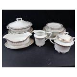 White Porcelain Dinnerware Set with Brown Gold Foliate Border - Tureen, Sugar, Creamer, Plates