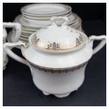 White Porcelain Dinnerware Set with Brown Gold Foliate Border - Tureen, Sugar, Creamer, Plates