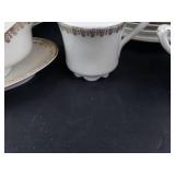 White Porcelain Dinnerware Set with Brown Gold Foliate Border - Tureen, Sugar, Creamer, Plates
