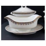 White Porcelain Dinnerware Set with Brown Gold Foliate Border - Tureen, Sugar, Creamer, Plates