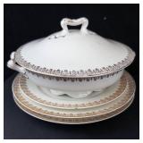 White Porcelain Dinnerware Set with Brown Gold Foliate Border - Tureen, Sugar, Creamer, Plates