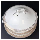 White Porcelain Dinnerware Set with Brown Gold Foliate Border - Tureen, Sugar, Creamer, Plates