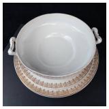 White Porcelain Dinnerware Set with Brown Gold Foliate Border - Tureen, Sugar, Creamer, Plates