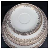 White Porcelain Dinnerware Set with Brown Gold Foliate Border - Tureen, Sugar, Creamer, Plates