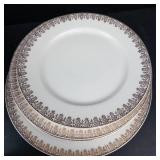 White Porcelain Dinnerware Set with Brown Gold Foliate Border - Tureen, Sugar, Creamer, Plates