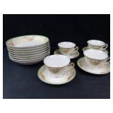 Nippon Hand Painted Teacups & Saucers Floral Border - 4 Cups, 4 Saucers, 8 Bowls
