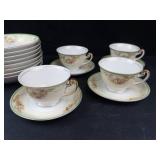 Nippon Hand Painted Teacups & Saucers Floral Border - 4 Cups, 4 Saucers, 8 Bowls