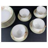 Nippon Hand Painted Teacups & Saucers Floral Border - 4 Cups, 4 Saucers, 8 Bowls
