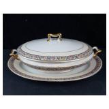 Feldta China Germany Lidded Oval Tureen - Matching Underplate, Gold Handles