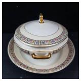 Feldta China Germany Lidded Oval Tureen - Matching Underplate, Gold Handles